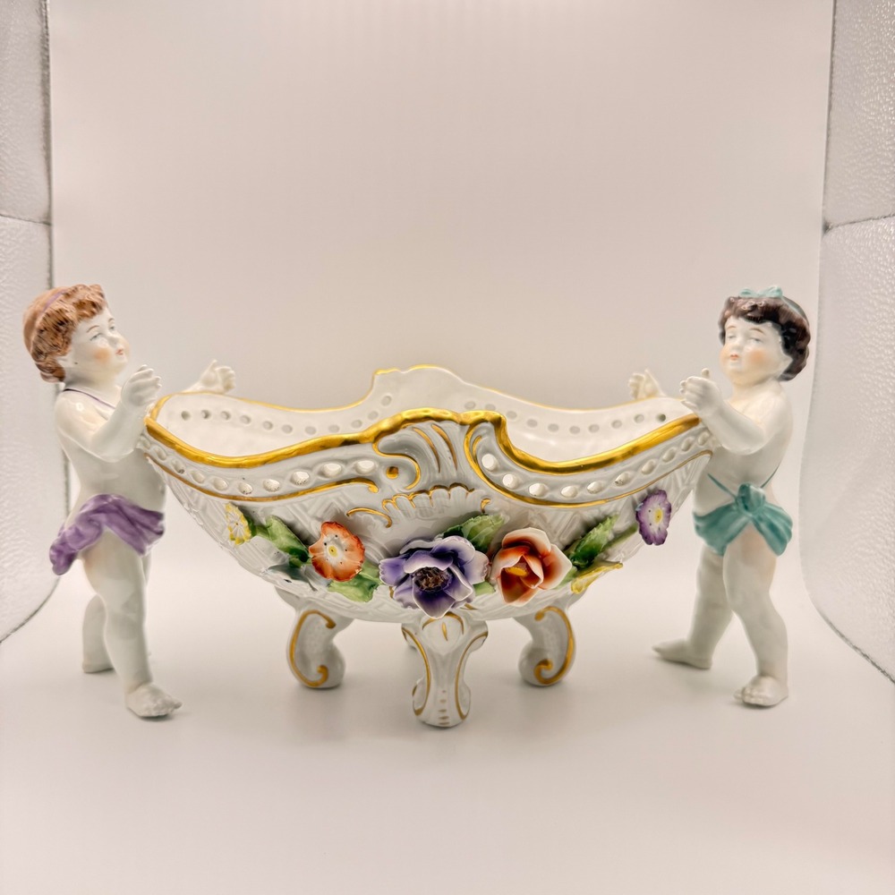 Antique Von Schierholz Dresden Cherub Centerpiece Bowl Reticulated Flowers